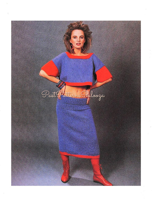 Vintage Knitting Pattern Womens Retro Midriff Top & Maxi Skirt Suit Set PDF Instant Digital Download '80s Glam Girl Chic DK