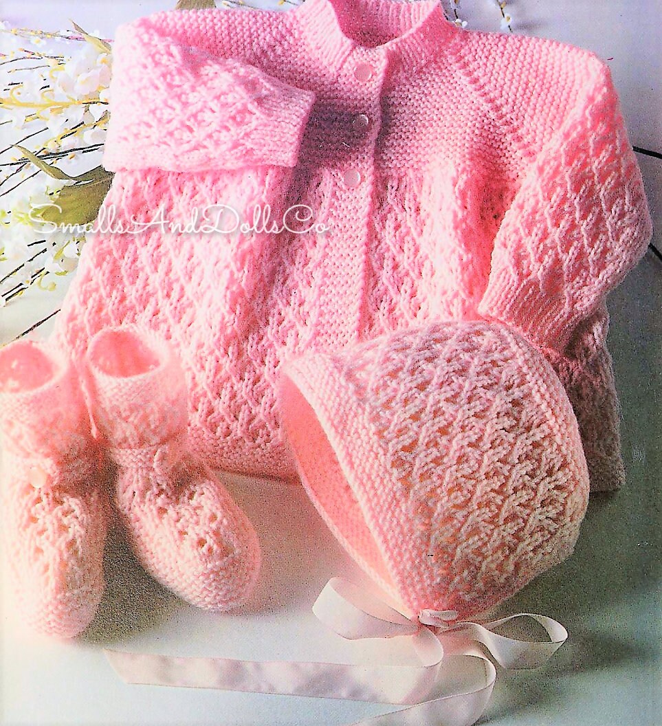 Vintage Knitting Pattern Baby Girls Pretty Jacket Bonnet Booties Set PDF Instant Digital Download 4 Pieces 0-6m 4 Ply