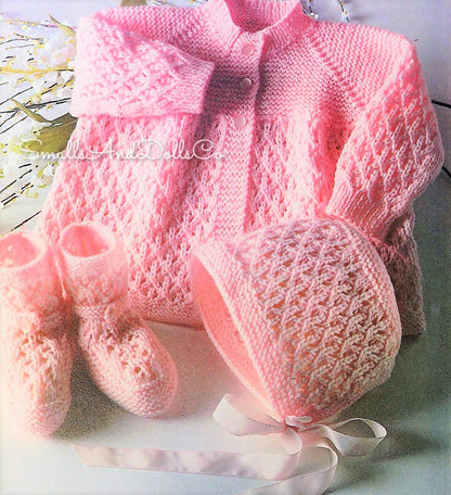 Vintage Knitting Pattern Baby Girls Pretty Jacket Bonnet Booties Set PDF Instant Digital Download 4 Pieces 0-6m 4 Ply