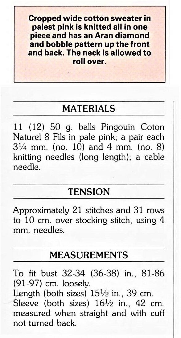 Vintage Knitting Pattern Womens Boxy Cropped Cotton Sweater Top PDF Instant Digital Download Aran Diamond Bobble Cable DK