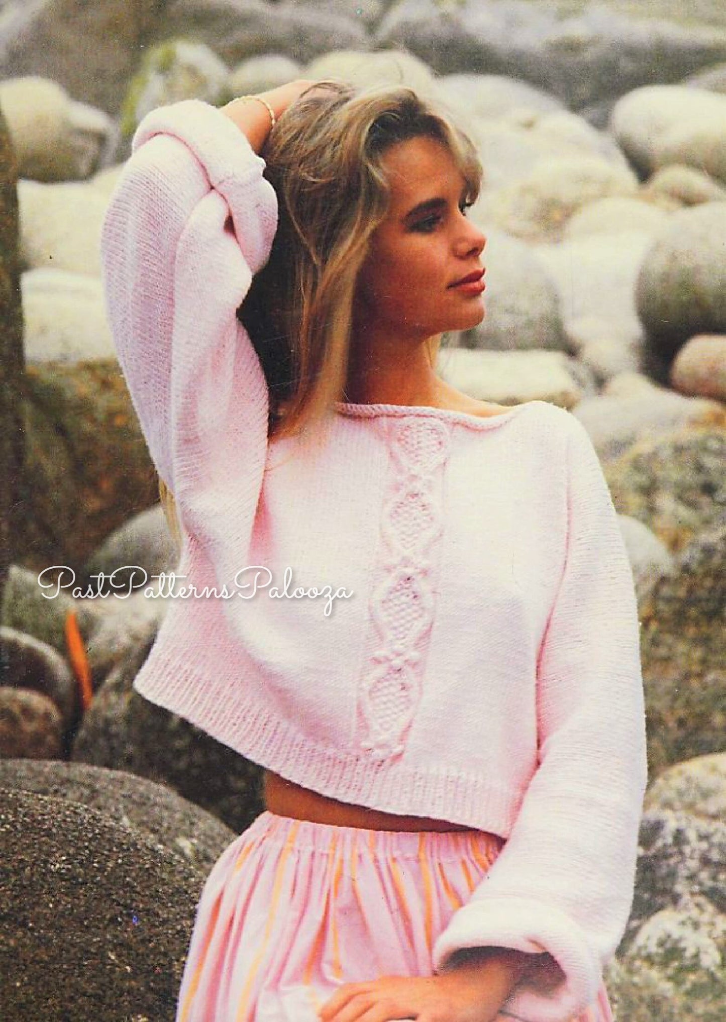 Vintage Knitting Pattern Womens Boxy Cropped Cotton Sweater Top PDF Instant Digital Download Aran Diamond Bobble Cable DK