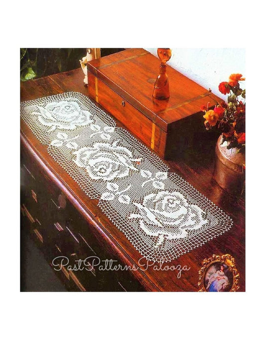 Vintage Filet Crochet Pattern 34" Three Roses Table Runner PDF Instant Digital Download White Cotton Thread Flower Dresser Decor