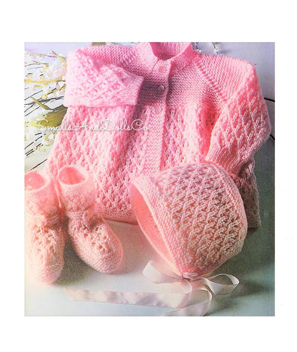 Vintage Knitting Pattern Baby Girls Pretty Jacket Bonnet Booties Set PDF Instant Digital Download 4 Pieces 0-6m 4 Ply