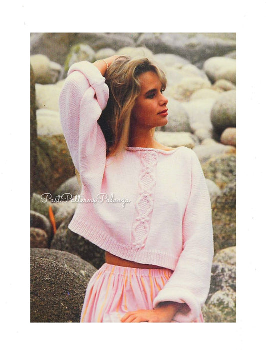 Vintage Knitting Pattern Womens Boxy Cropped Cotton Sweater Top PDF Instant Digital Download Aran Diamond Bobble Cable DK