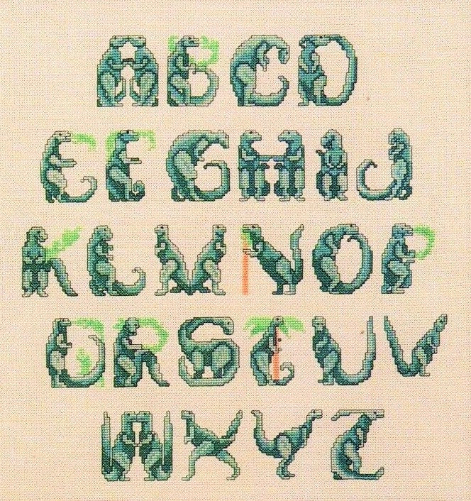 Vintage Cross Stitch Pattern Dinosaur Alphabet Font ABCs PDF Instant Digital Download Fun Prehistoric Letters Embroidery