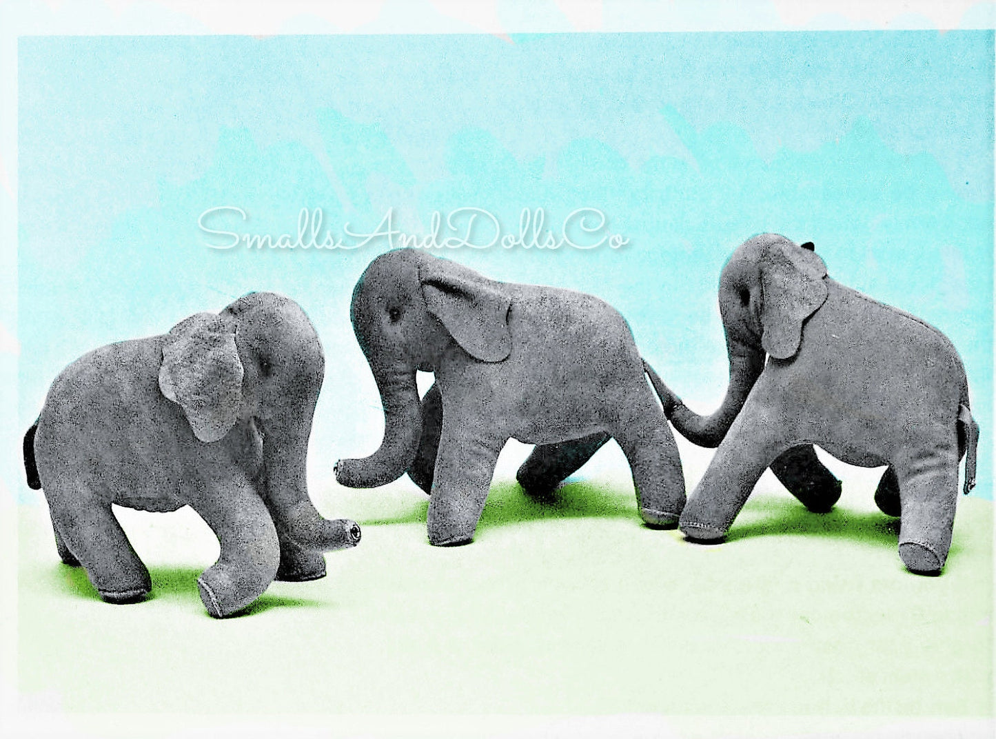 Vintage Sewing Pattern 9" Suede Fabric Elephants Soft Toy Dolls PDF Instant Digital Download Snap Together Trunks to Tails