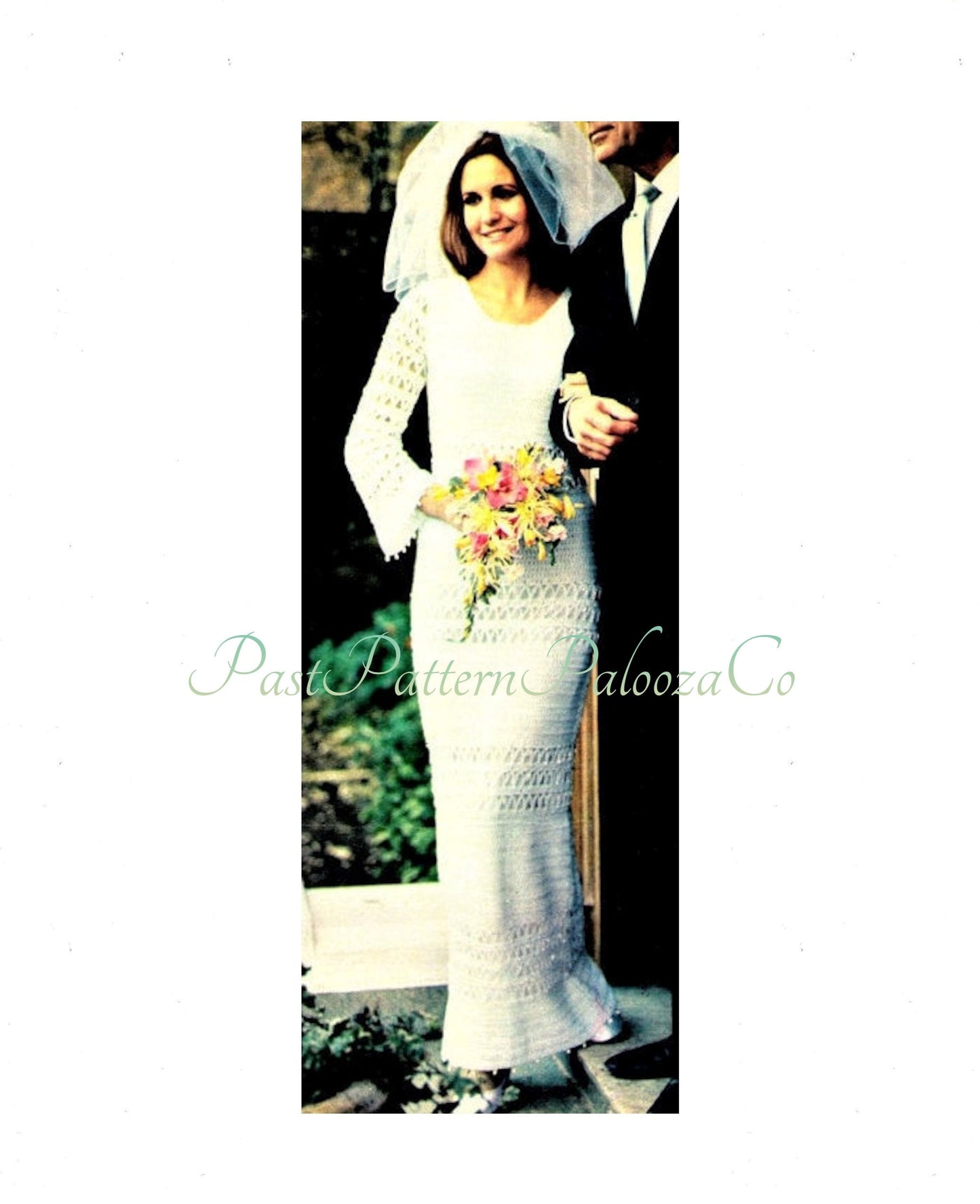 Vintage Crochet Pattern Elegant Wedding Dress Gown Bell Sleeves Pearls Trim PDF Instant Digital Download Heirloom Quality 4 Ply