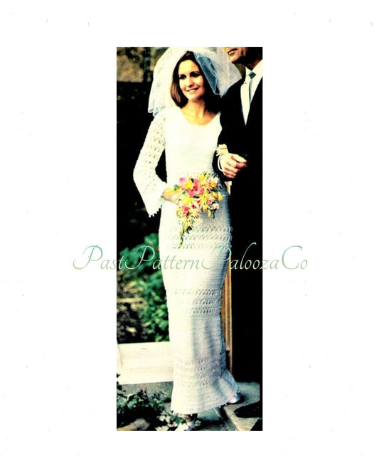 Vintage Crochet Pattern Elegant Wedding Dress Gown Bell Sleeves Pearls Trim PDF Instant Digital Download Heirloom Quality 4 Ply
