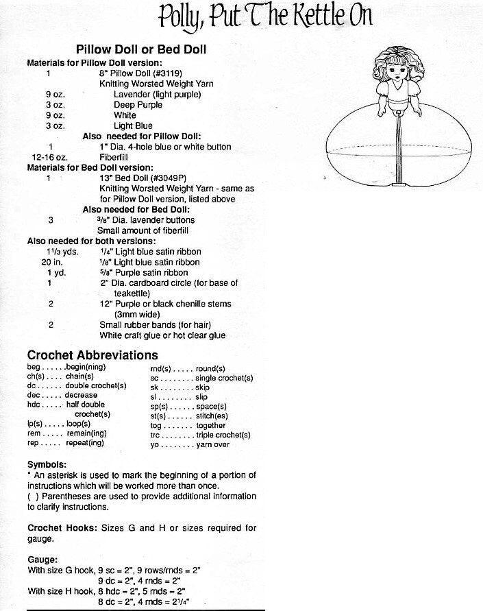 Vintage Crochet Pattern 13" Pretty Ruffle Pillow Doll and Bed Doll Polly Put The Kettle On PDF Instant Digital Download 10 Ply