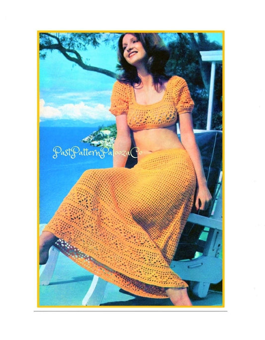 Vintage Crochet Pattern Boho Lace Halter Cami Crop Midriff Top & Long Maxi Skirt Patio Set Outfit PDF Instant Digital Download 5 Ply
