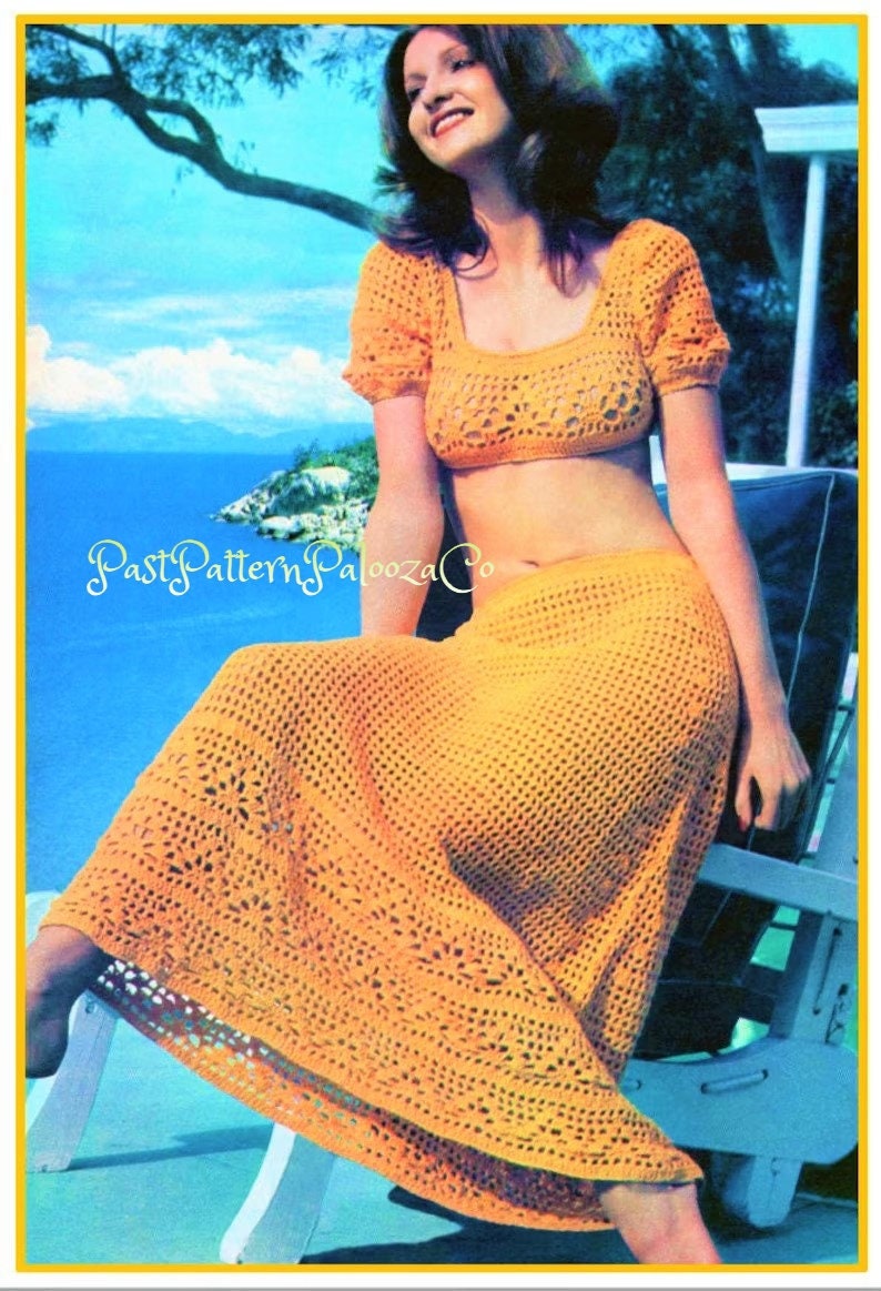 Vintage Crochet Pattern Boho Lace Halter Cami Crop Midriff Top & Long Maxi Skirt Patio Set Outfit PDF Instant Digital Download 5 Ply