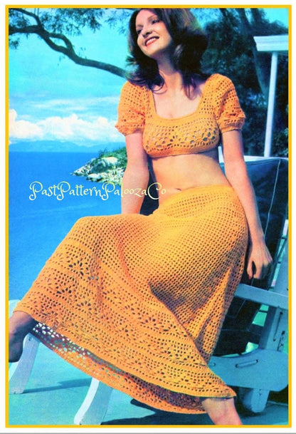 Vintage Crochet Pattern Boho Lace Halter Cami Crop Midriff Top & Long Maxi Skirt Patio Set Outfit PDF Instant Digital Download 5 Ply