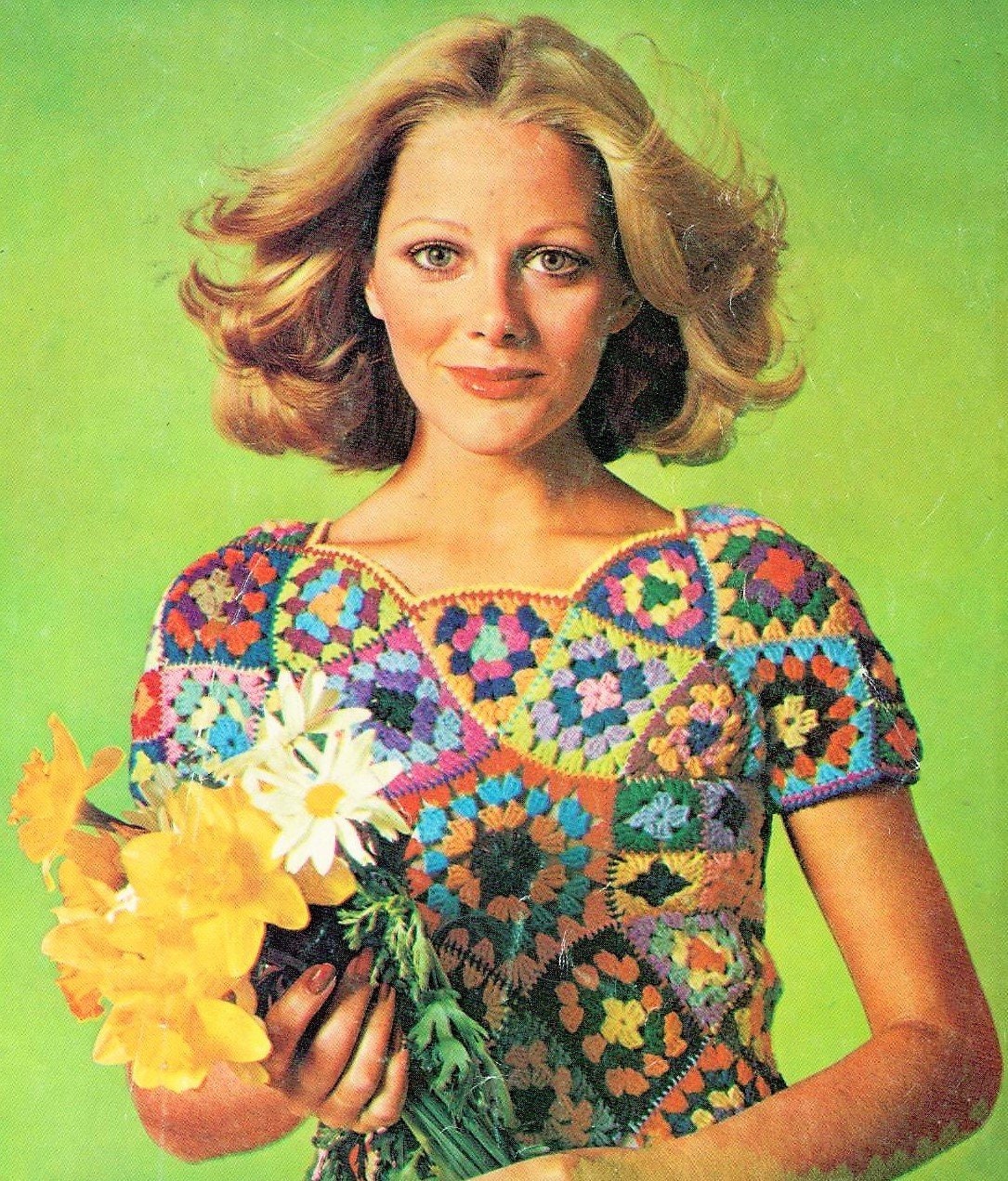Vintage Crochet Pattern Womens Stained Glass Granny Square Shell Top PDF Instant Digital Download Groovy Gypsy Boho Mosaic Scrap Yarn 10 Ply
