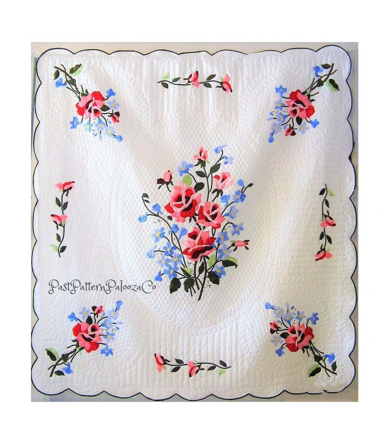 Vintage Sewing Pattern Roses & Forget Me Nots Floral Bed Quilt PDF Instant Digital Download Applique Flowers Bedspread Scalloped Edges