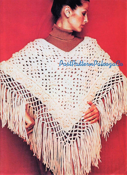 Vintage Crochet Pattern Womens Pretty Poncho Granny Square Fringed PDF Instant Digital Download 1970s Boho Hippie Chic 10 Ply
