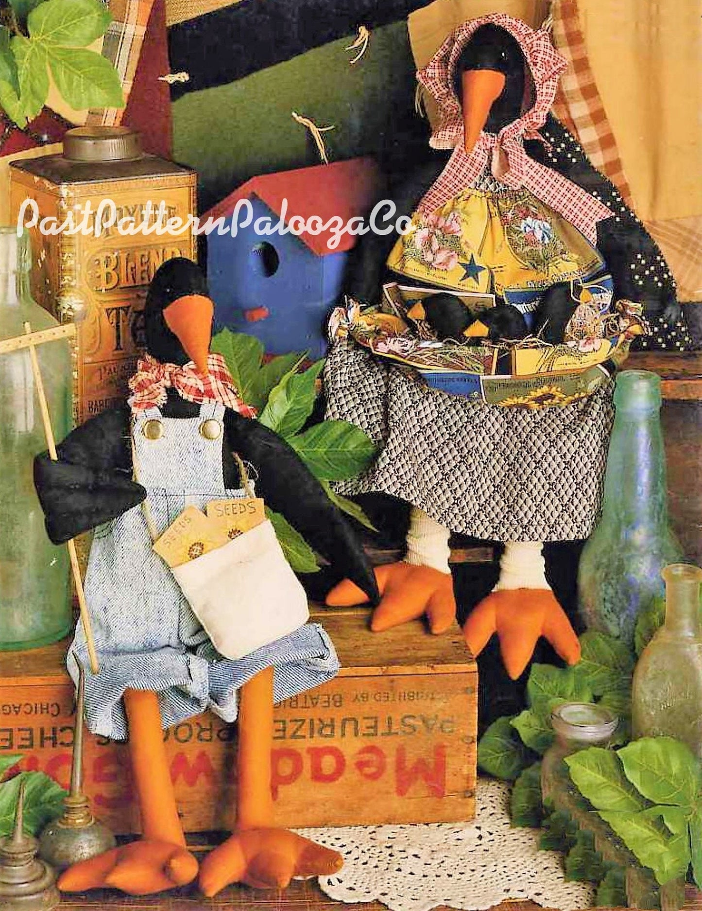 Vintage Sewing Pattern 14" Country Crow Family Soft Sculpture Plush Toys PDF Instant Digital Download Cute Stuffed Bird Dolls