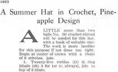 Vintage Crochet Pattern Womens Summer Pineapple Lace Bucket Hat c. 1923 PDF Instant Digital Download Brimmed Beachy Sun Hat Cotton Thread