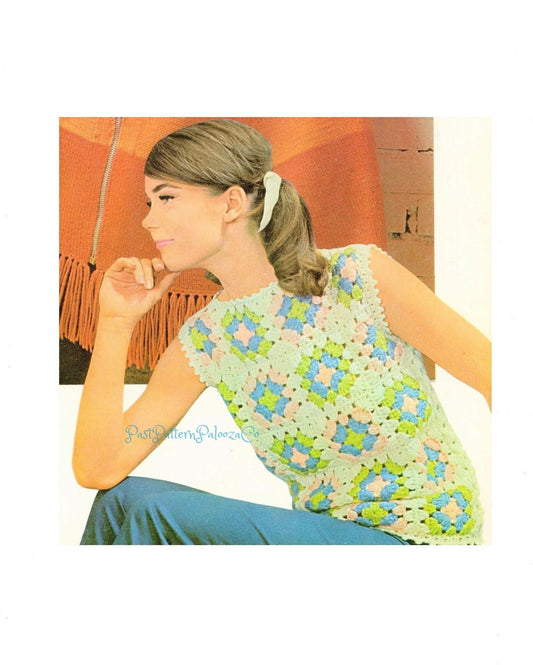Vintage Crochet Pattern Womens Simple Shell Granny Square Sleeveless Top PDF Instant Digital Download Groovy Boho Scrap Yarn 10 Ply