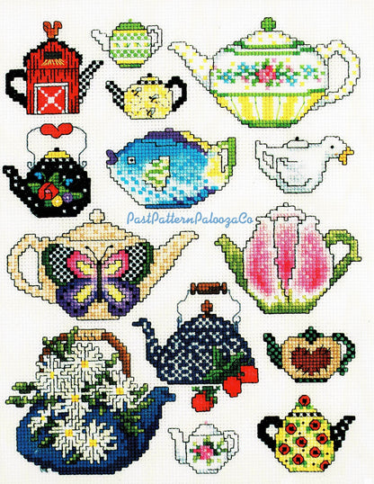 Vintage Cross Stitch Patterns Cute Teapots Tea Pot Motifs PDF Instant Digital Download Embroidery Lot of 25 Designs A1
