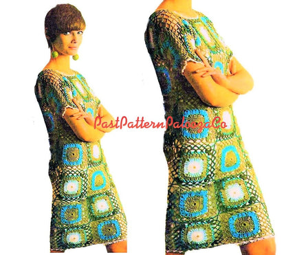 Vintage Crochet Pattern Womens Lacy Granny Square Dress Picot Trim PDF Instant Digital Download 4 Ply