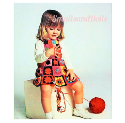 Vintage Crochet Pattern Toddler Girl Granny Square Pinafore Dress PDF Instant Digital Download Scrap Yarn 2 4 5 Years 10 Ply