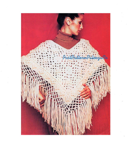 Vintage Crochet Pattern Womens Pretty Poncho Granny Square Fringed PDF Instant Digital Download 1970s Boho Hippie Chic 10 Ply