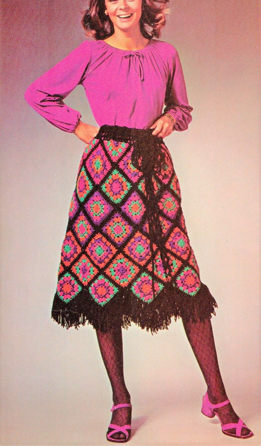 Vintage Crochet Pattern Womens Granny Square Skirt Mosaic Diamonds PDF Instant Digital Download Boho Gypsy Chic Stained Glass Design 10 Ply