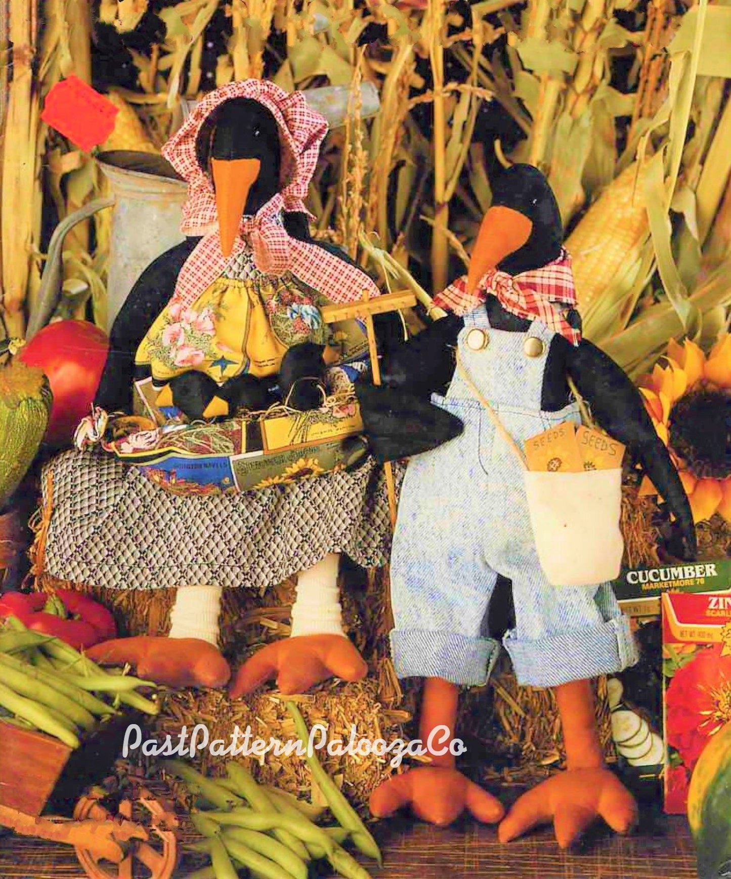 Vintage Sewing Pattern 14" Country Crow Family Soft Sculpture Plush Toys PDF Instant Digital Download Cute Stuffed Bird Dolls