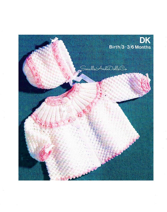 Vintage Knitting Pattern Baby Girl Pretty Matinee Coat Bonnet Set Open Star Waffle Design PDF Instant Digital Download 0-6 yrs DK