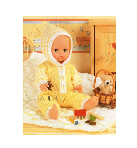 Vintage Knitting Pattern Baby Doll Clothes Hooded All In One Romper Blanket Set 12-14 15-18 19-22 Inch Dolls PDF Instant Digital Download DK