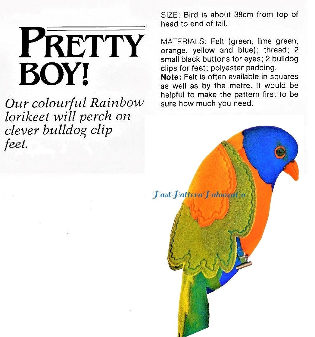Vintage Sewing Pattern 15" Parrot Bird Soft Sculpture Plush Toy Doll PDF Instant Digital Download Rainbow Lorikeet Felt Fabric