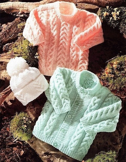 Vintage Knitting Pattern Baby to Toddler Braid Cable Cardigan Sweater Hat Set PDF Instant Digital Download Jumper 0 - 4 Years DK 8 Ply