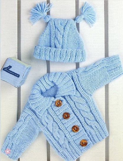 Vintage Knitting Pattern Knit Baby Toddler Boy Aran Cardigan Sweater & Double Tassel Hat Set Instant Digital Download 0-4 years 10 Ply