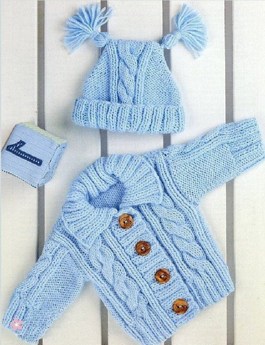 Vintage Knitting Pattern Knit Baby Toddler Boy Aran Cardigan Sweater & Double Tassel Hat Set Instant Digital Download 0-4 years 10 Ply