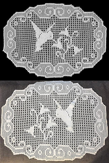 Vintage Filet Crochet Pattern 25" Hummingbird & Flowers Centerpiece PDF Instant Digital Download White Cotton Thread Dresser Table Doily