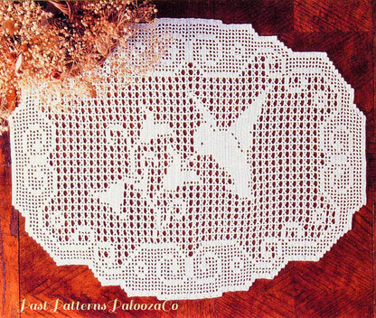Vintage Filet Crochet Pattern 25" Hummingbird & Flowers Centerpiece PDF Instant Digital Download White Cotton Thread Dresser Table Doily