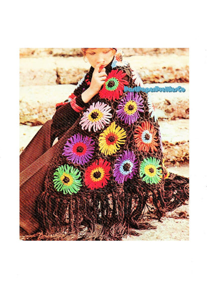 Vintage Crochet Pattern Womens Rainbow Posy Shawl Dahlia Flower Wheels Large Motifs PDF Instant Digital Download Hippie Wrap Boho Chic