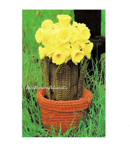 Vintage Crochet Pattern 14" Daffodil Flowers Pot Potted Plant PDF Instant Digital Download Realistic Springtime Perennial 4 Ply