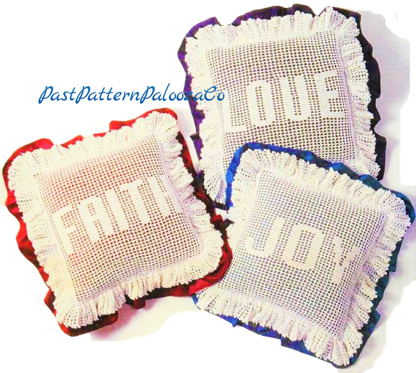 Vintage Filet Crochet Pattern 12" Love Joy Faith Lacy Pillow Fronts PDF Instant Digital Download Inspirational Word Cushions