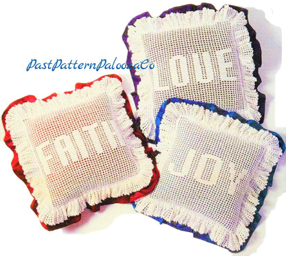 Vintage Filet Crochet Pattern 12" Love Joy Faith Lacy Pillow Fronts PDF Instant Digital Download Inspirational Word Cushions