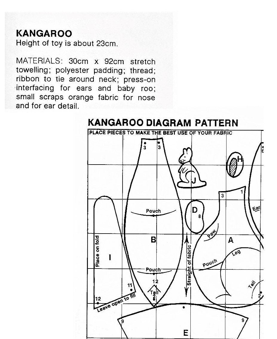 Vintage Sewing Pattern 9" Kangaroo Soft Terry Fabric Toy Doll PDF Instant Digital Download Cute Retro Mama and Joey