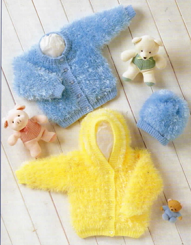 Vintage Knitting Pattern Baby Toddler Furry Sweaters Jumpers Hat Hooded Cardigan PDF Instant Digital Download Preemie - 2 yrs Eyelash Yarn