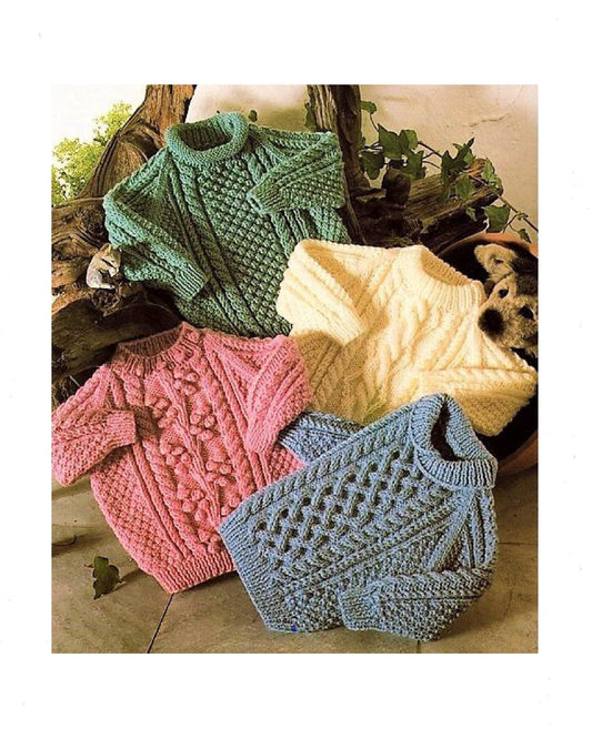 Vintage Knitting Pattern Baby Toddler Childrens Aran Paneled Pullover Sweaters Jumpers PDF Instant Digital Download 9m-9yrs DK 10 Ply