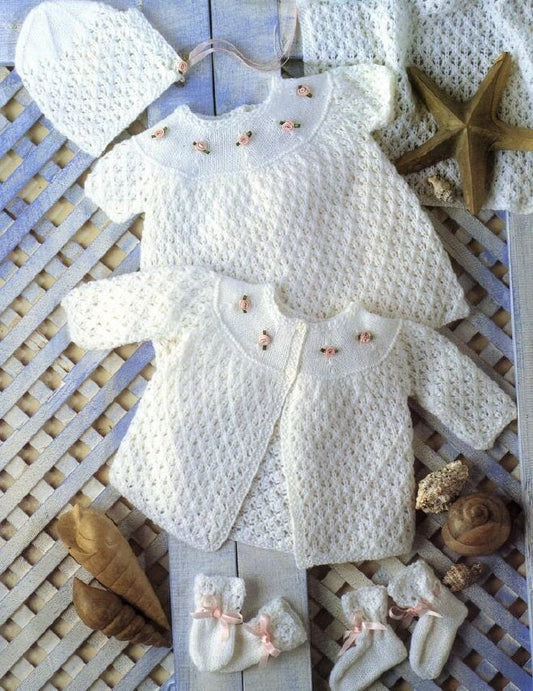 Vintage Knitting Pattern Knit Baby Girl 6 Piece Lace Rosebuds Layette Set PDF Instant Digital Download Preemie to 9 Months 4 Ply