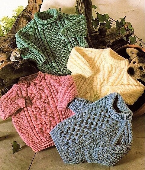 Vintage Knitting Pattern Baby Toddler Childrens Aran Paneled Pullover Sweaters Jumpers PDF Instant Digital Download 9m-9yrs DK 10 Ply