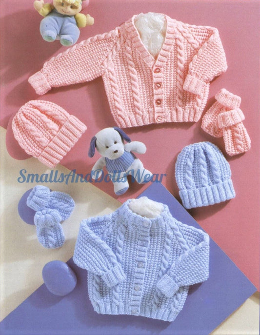 Vintage Knitting Pattern Knit Baby Boy Girl Cable & Rib Stitch Cardigan Sweater Hat Mitts Set PDF Instant Digital Download Preemie-2 yrs DK
