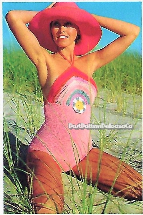 Vintage Crochet Pattern Halter Top Bathing Suit Sunrise Rainbow Medallion Swimsuit PDF Instant Digital Download Retro 70s Mod Hippie Chic