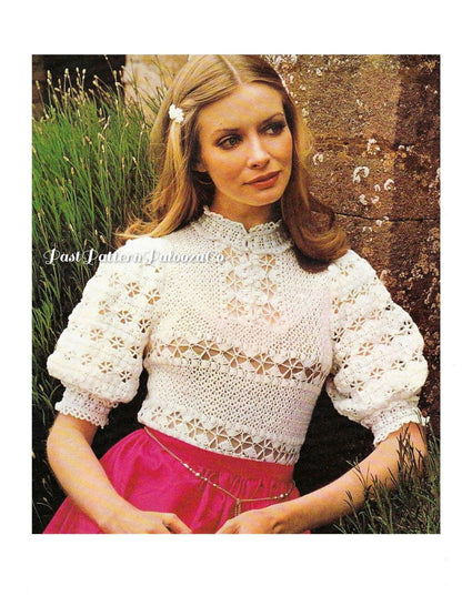 Vintage Crochet Pattern Lacy Victorian Top Romantic Puff Sleeved Blouse PDF Instant Digital Download 2 Ply Lace