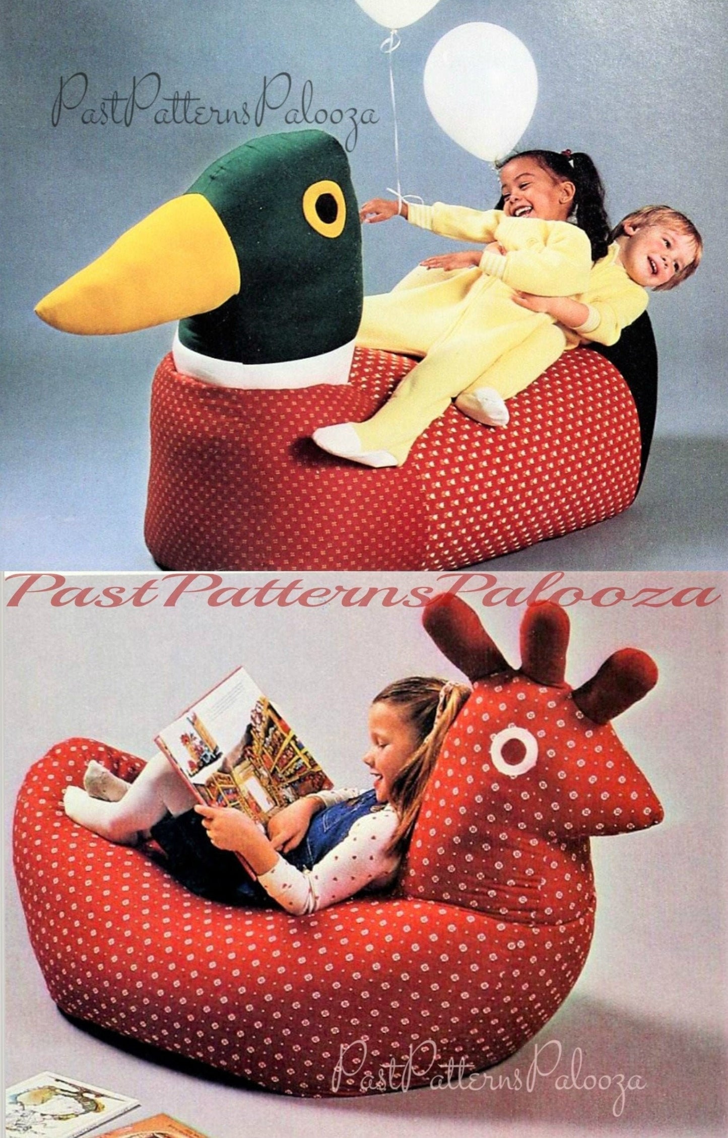 Vintage Childs Beanbag Cushion Chair Sewing Pattern Large Red Hen and Mallard Duck Sit On Ride On Fabric Toys PDF Instant Digital Download