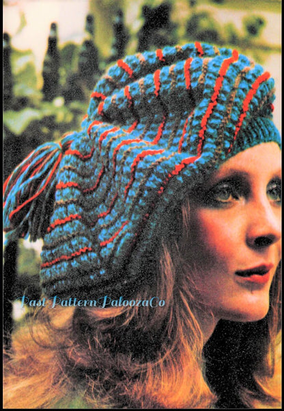 Vintage Knitting Pattern Womens Oversized Tam Hat PDF Tasseled Striped Beret PDF Instant Digital Download Retro 70s DK